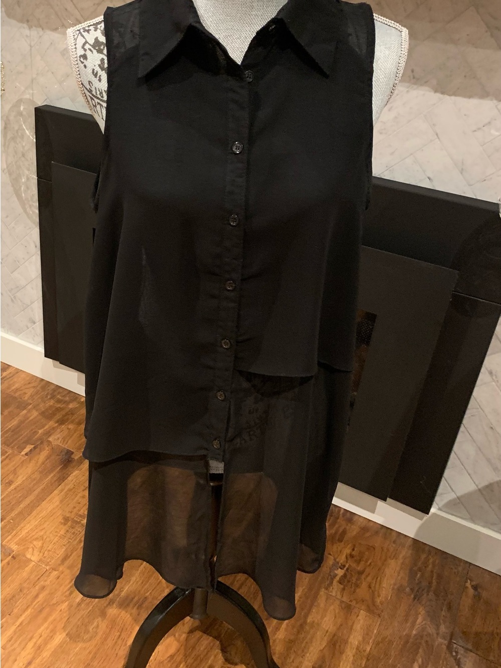 Costa Blanca Black High-Low Button Front Chiffon Sleeveless Blouse